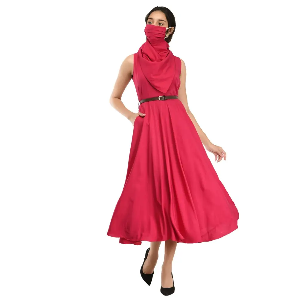 Comfort Meets Fashion Women's Crepe Solid Mid-Length Dress with Free Mask