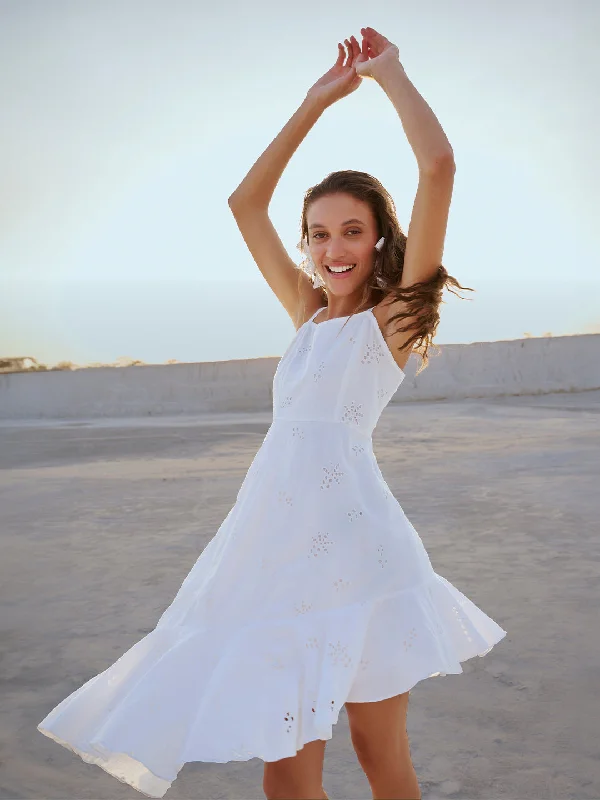Chic Women's Outfit Ideas White Cotton Schiffli Asymmetric Dress