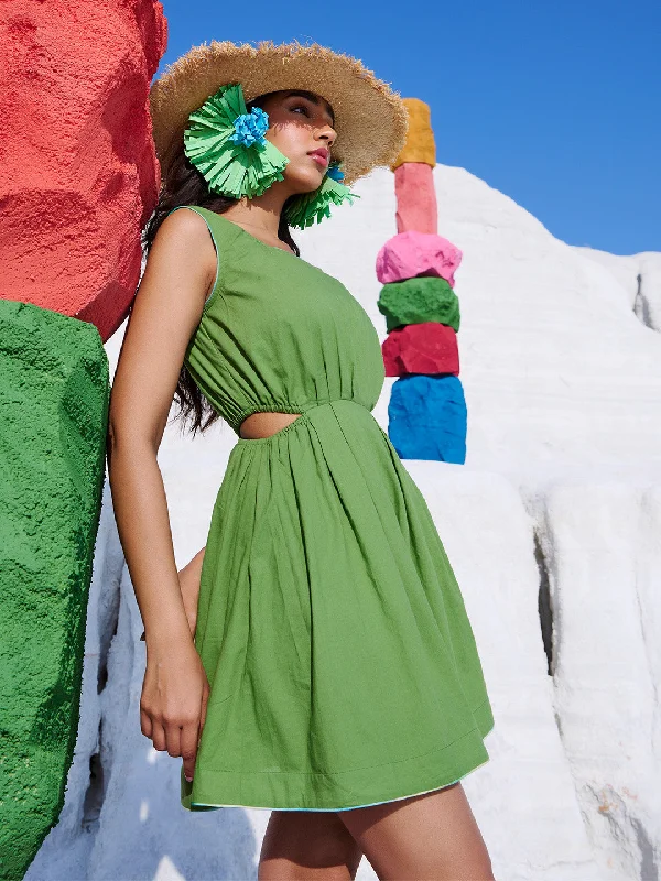 Trendy Women's Wear Collection Green Cotton Solid Front Side Cut-Out Dress