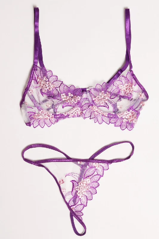 Timeless Women's Clothing Purple Embroidery Lingerie Set