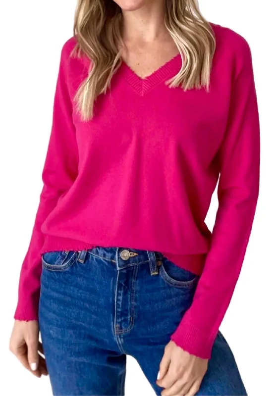 Women's Holiday Attire Distressed Hem Vneck Sweater In Hot Pink