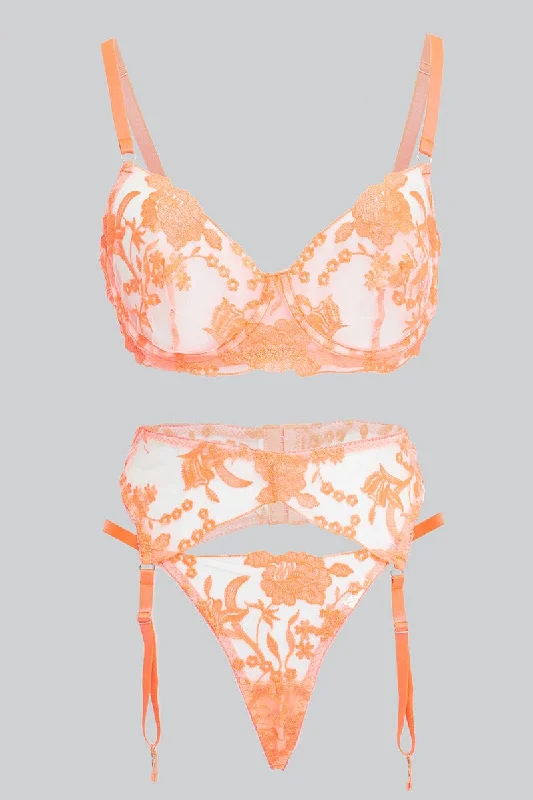 Stylish Women's Attire Orange Embroidery Lingerie Set