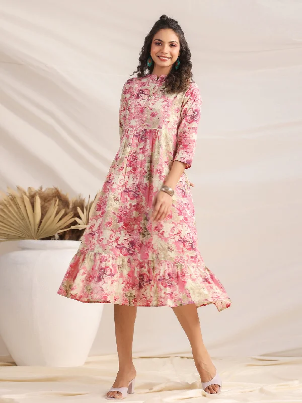 Flowing Silhouette Pink Cotton Abstract Gathered Dress