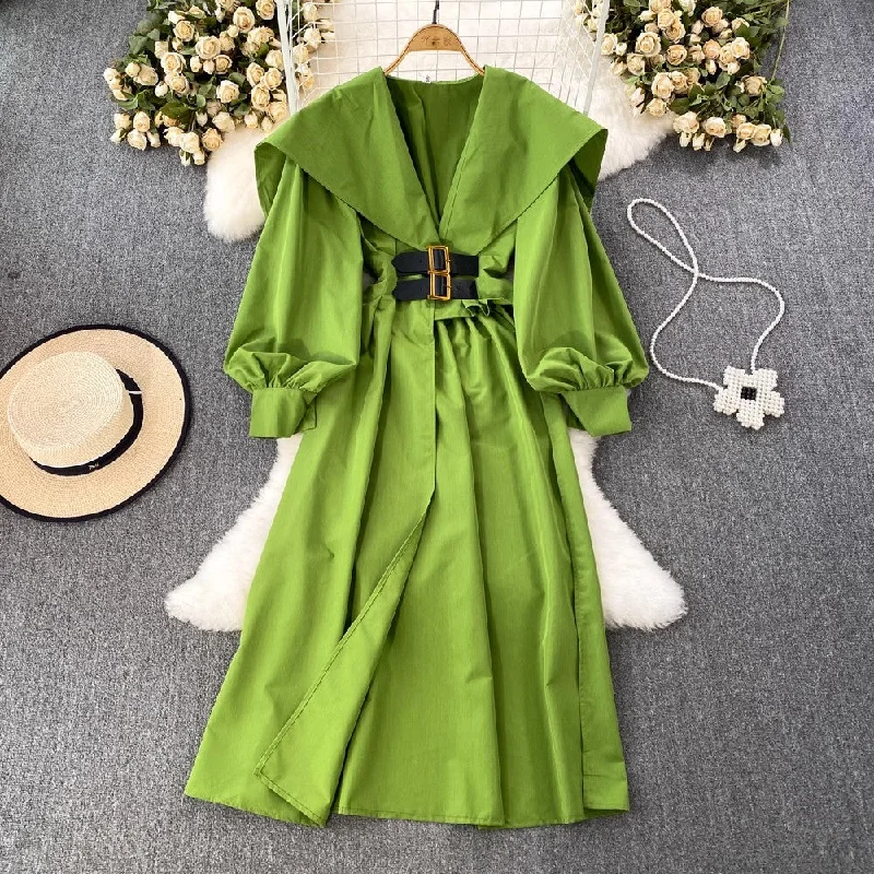 Innovate Your Wardrobe lantern sleeve mid-length dress V-neck irregular slit dress      S3993