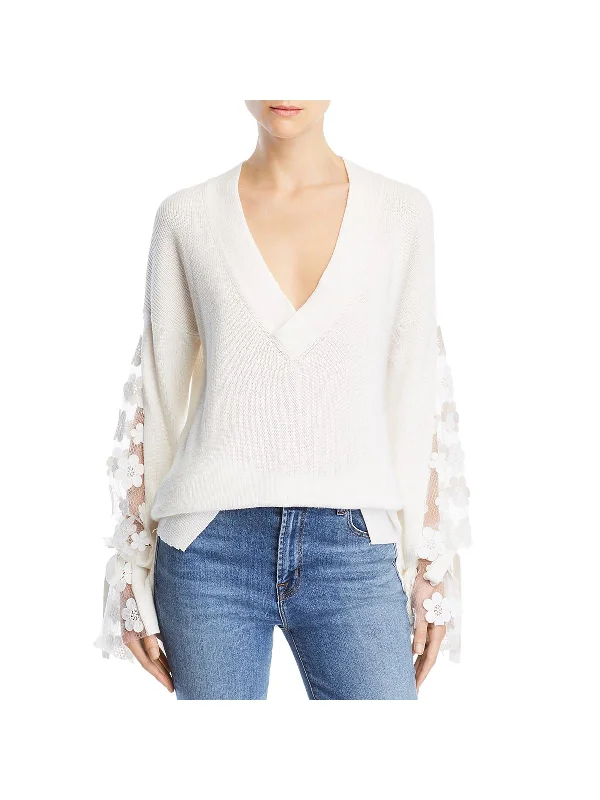 Women's Stylish Casual Garments Womens Lace Trim Long Sleeves Pullover Sweater