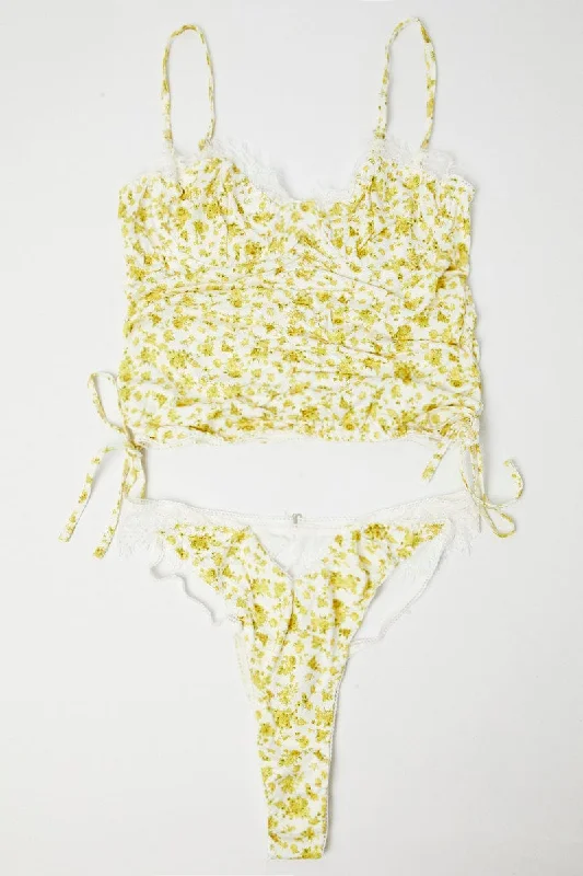 Women's Evening Outfit Yellow Floral Floral Print Lingerie Set