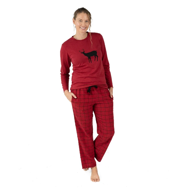 Women's Elegant Garments Christmas Womens Cotton Top Flannel Pant Pajamas Reindeer