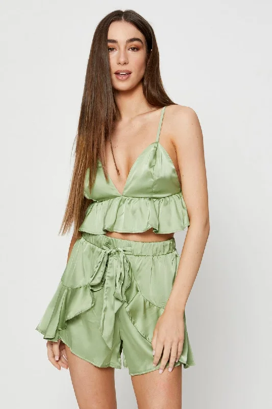 Fashionable Women's Outfit Green Bralette Pyjamas Set Satin