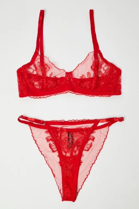 Affordable Women's Clothes Red Embroidery Lingerie Set