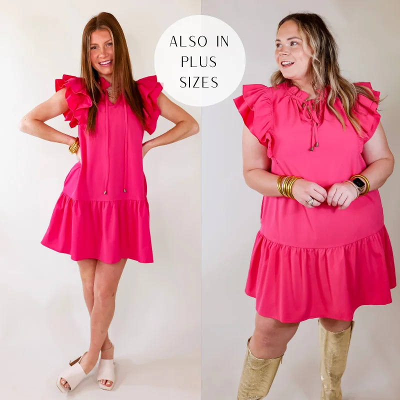 Trendy Aesthetics Powerful Love Ruffle Cap Sleeve Dress with Keyhole and Tie Neckline in Hot Pink