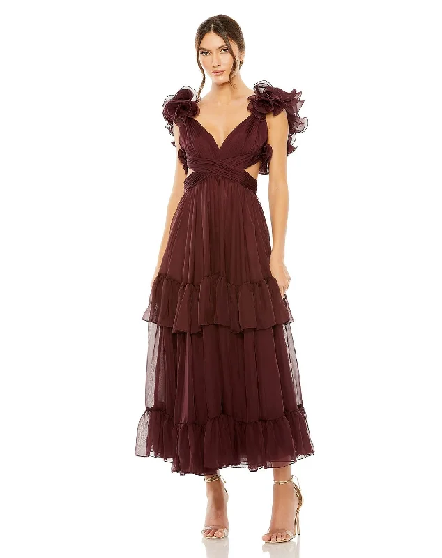 Stylish Looks Mac Duggal 68643 Ruffle Tiered Cut Out Chiffon Tea Length Dress