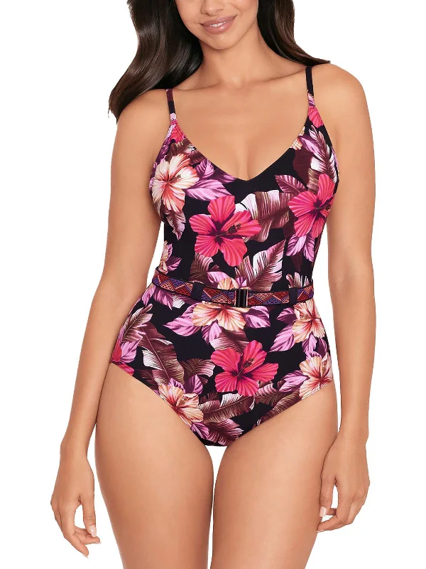 Stylish Women's Attire Lucky Charm  Womens Belted Floral One-Piece Swimsuit