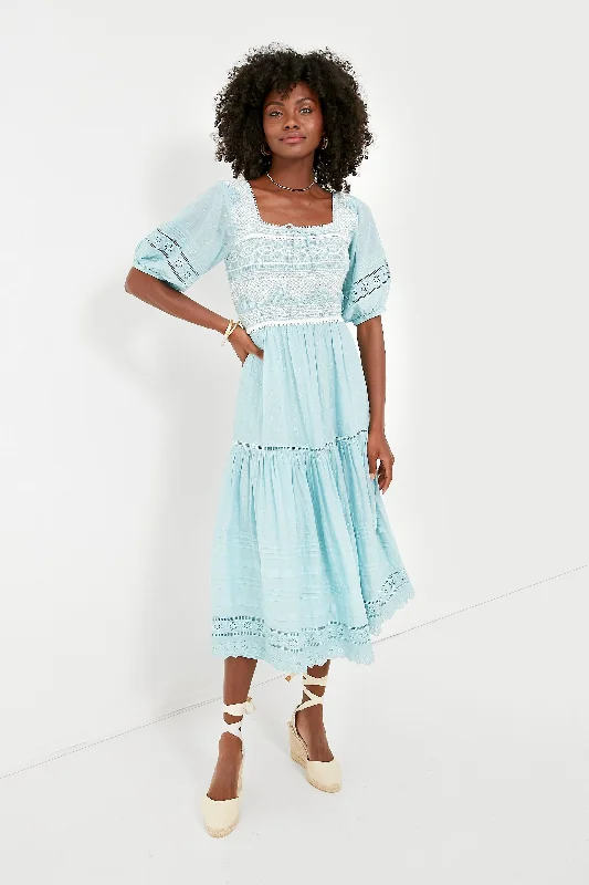 Relaxed Style Blue Olga Hand Smocking Puff Sleeve Dress