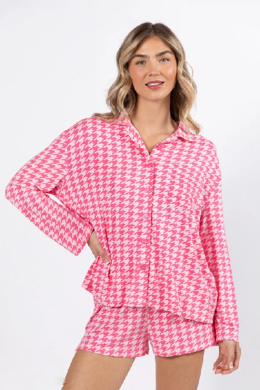 Women's Outfit On A Cloud In Pink Houndstooth Pajama Set FINAL SALE