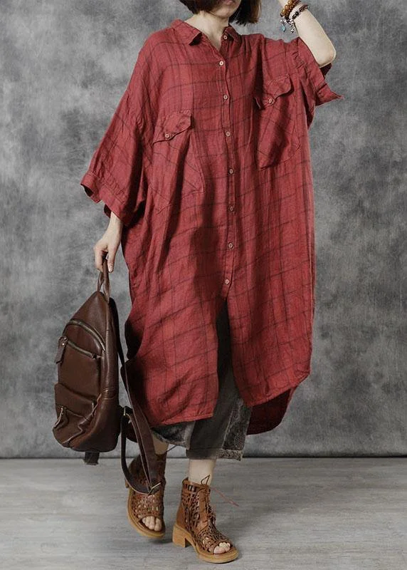 Effortless Chic Apparel Women Red Plaid Pockets Patchwork Fall Three Quarter Sleeve Dresses