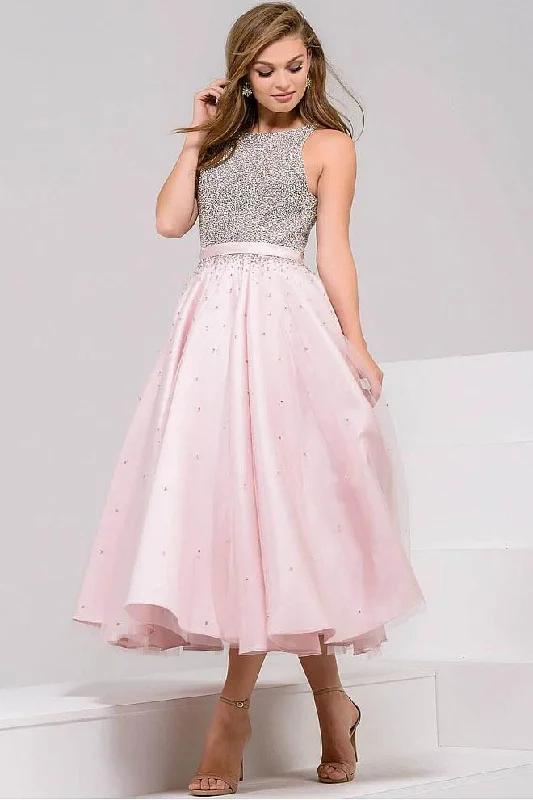 Flash Discount Jovani - Crystal Embellished Bateau Tea Length Dress 48103 - 2 Pcs Blush in Size 6 and 12 Available