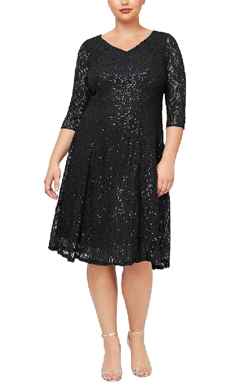 Outfits For Women SL Fashions 9419144 Plus Size Sequin Lace Tea Length Dress