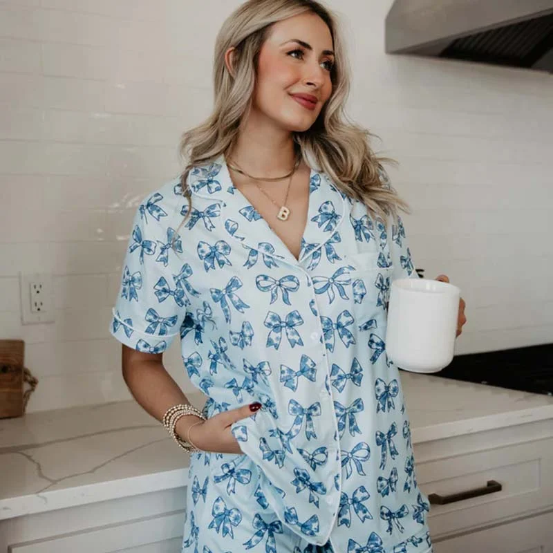 Women's Professional Attire Blue Bows Pajama Top