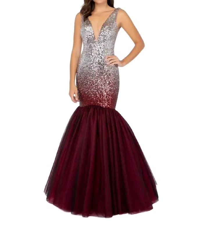 Women's Outerwear Clothing Sequin Mermaid Gown In Silver And Wine Red