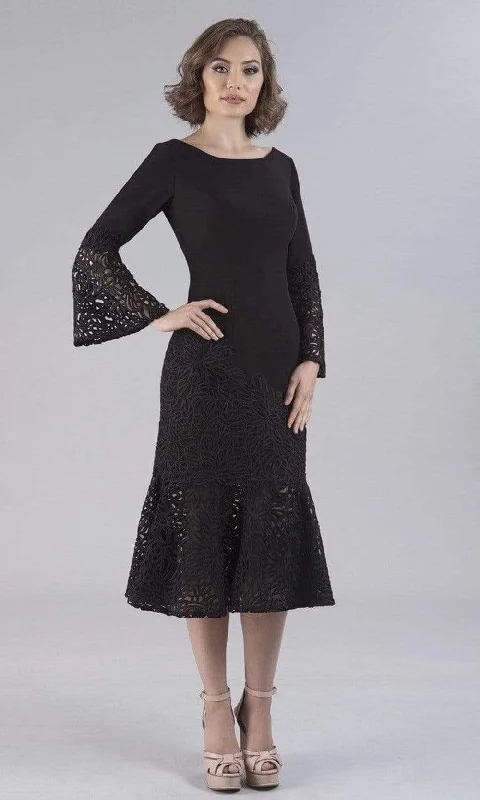 Seasonal Fashion Gia Franco - Bell Sleeve Mermaid Tea Length Dress 12054 - 1 pc Black In Size 12 Available