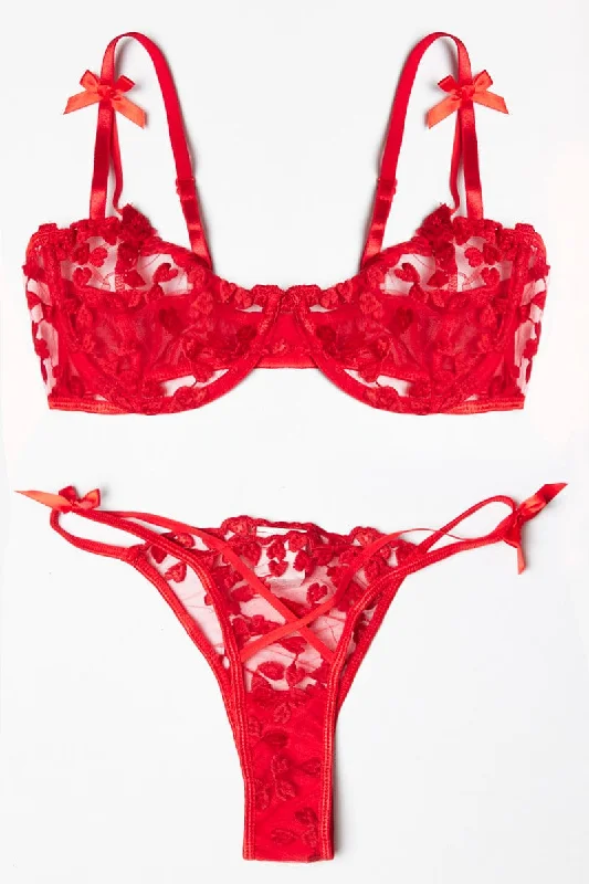 Casual Outfit For Women Red Heart Embroidery Lingerie Set