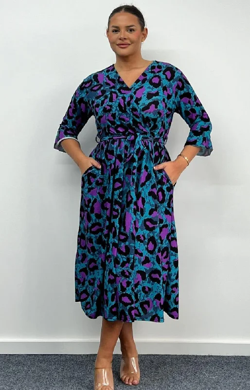 Seasonal Clearance Dani Faux Wrap 3/4 Sleeve Dress in Blue and Purple Leopard Print