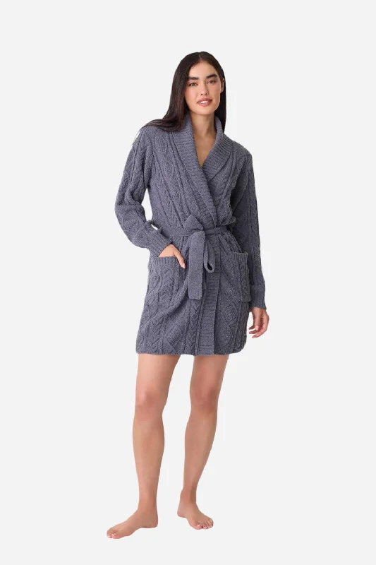 Women's Travel Outfit Set PJ Salvage Robe Cable Crew Charcoal