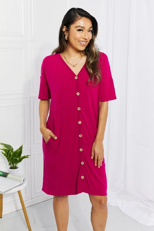 Spring Fashion BOMBOM Sunday Brunch Button Down Knee-Length Dress in Magenta