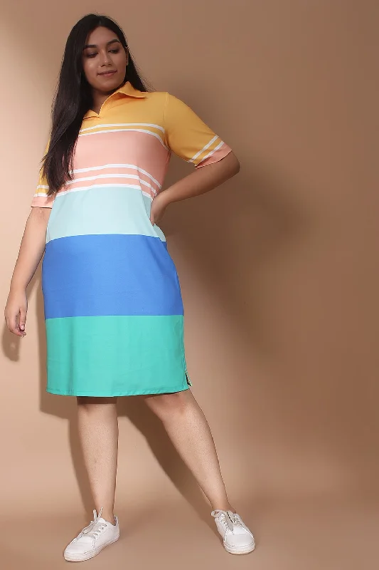 Women's Clothing Stores Bright Color Block Polo Dress