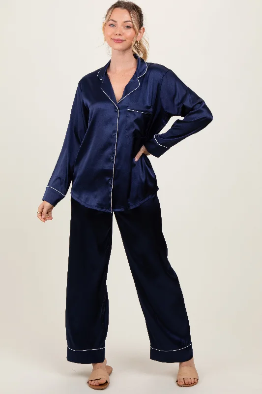 Women's Trendy Casual Outfit Navy Satin Contrast Trim Long Sleeve Pajama Set