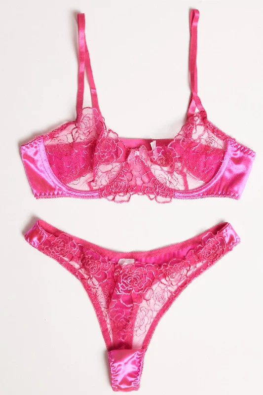 Affordable Trendy Clothes For Women Pink Flower Embroidered Lingerie Set