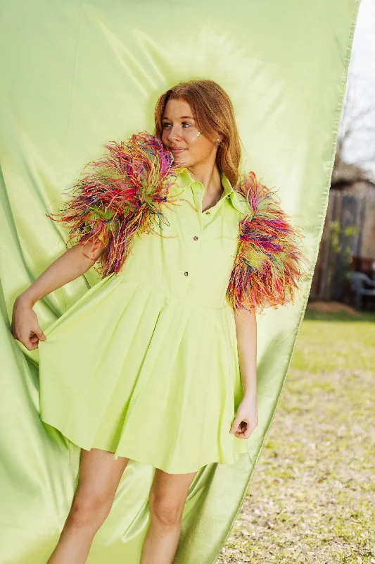 Effortless Style, Endless Impact Lime & Rainbow Feather Sleeve Dress