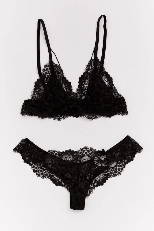 Women's Occasion Wear Clothes Black Black Lace Lingerie Set