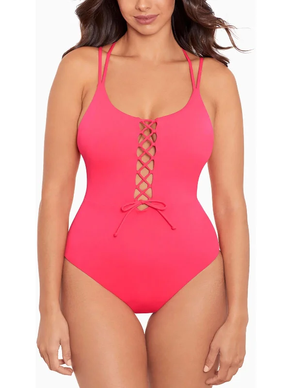 Women's Casual Attire Womens Solid Cut-Out One-Piece Swimsuit