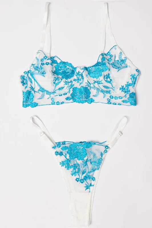 Women's Occasion Wear Apparel Blue Floral Embroidery Lingerie Set