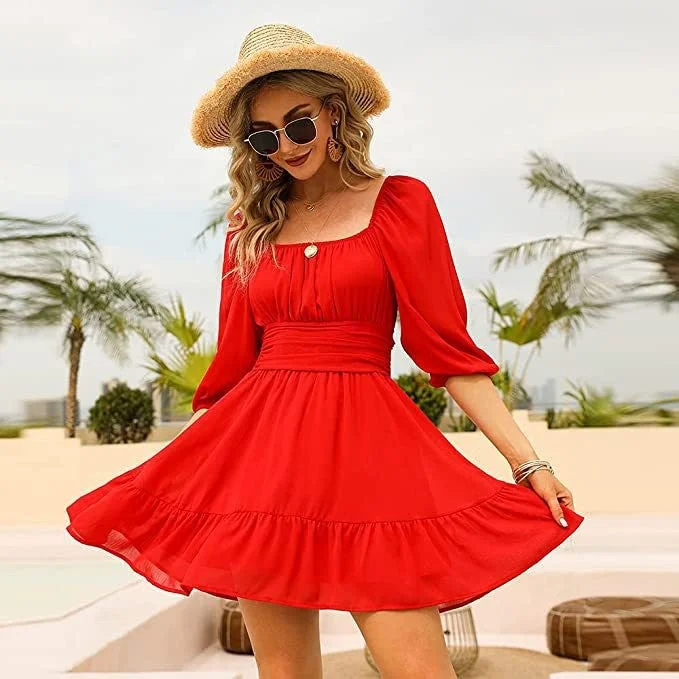 Evening Looks Blythe Gathered Puff Sleeve Dress - Red