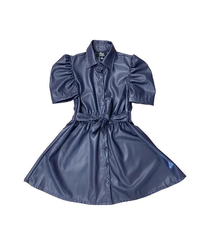 Insane Discount Onslaught Navy Vegan Leather Puff Sleeve Dress