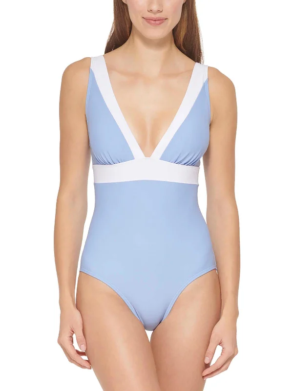 Women's Seasonal Attire Womens Two Tone V-Neck One-Piece Swimsuit