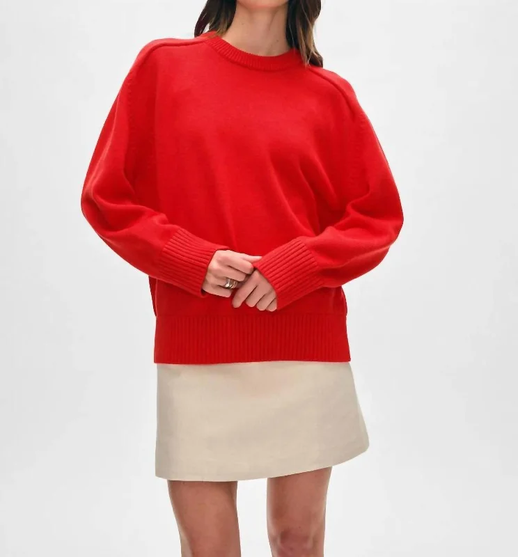 Women's Fashionable Clothing Sets Saddle Sleeve Crew Sweater In Cherry Red