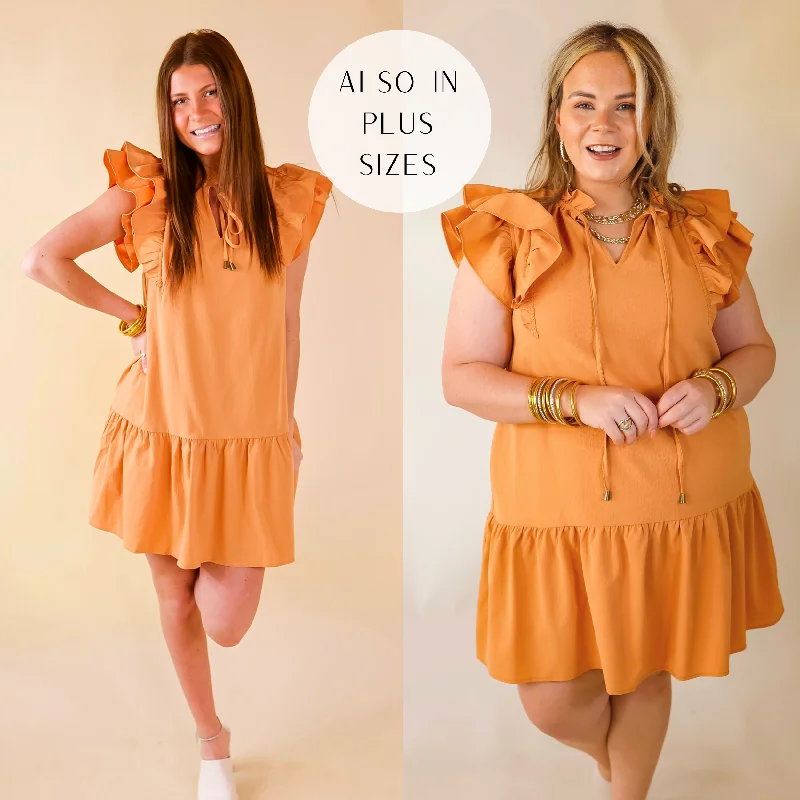 Trendy And Individual Women's Fashion Powerful Love Ruffle Cap Sleeve Dress with Keyhole and Tie Neckline in Sunset Orange