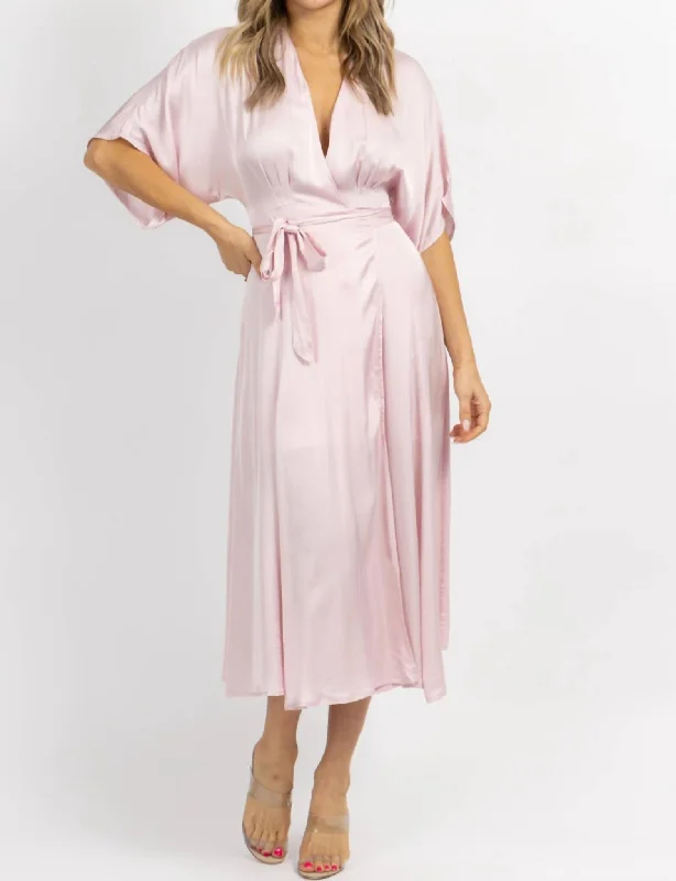 Formal Garments For Women Satin Wrap Midi Dress In Pale Pink