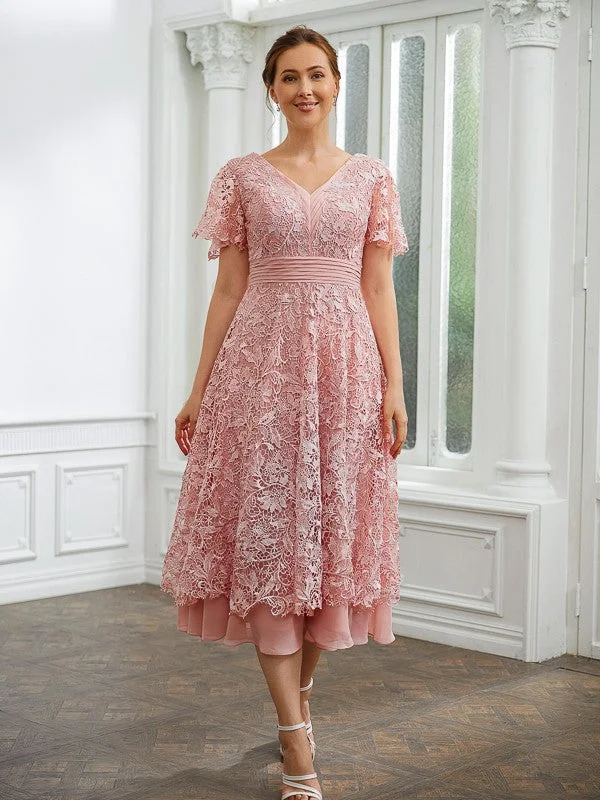 Trendy Threads A-Line/Princess Chiffon Applique V-neck Short Sleeves Tea-Length Dresses