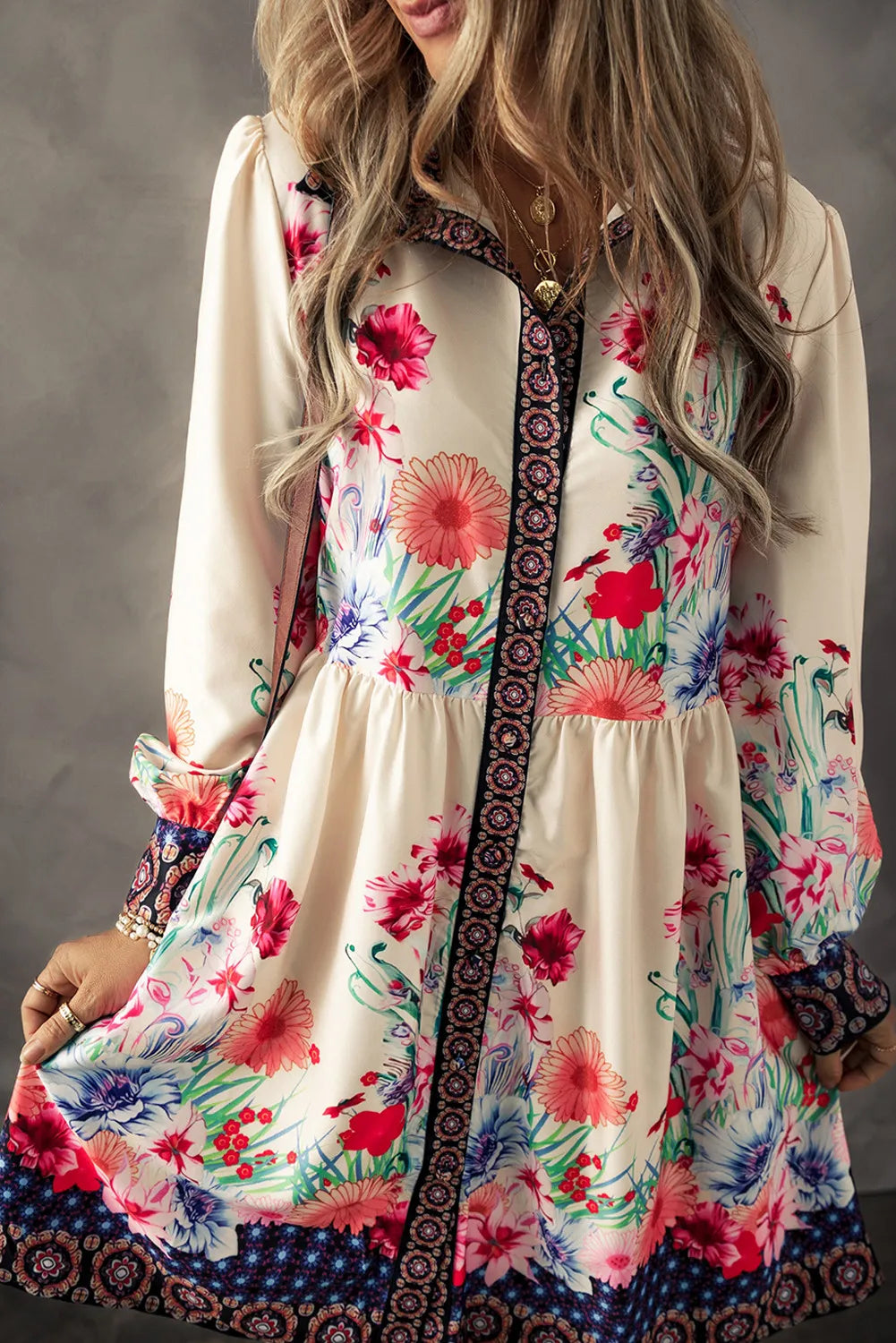 Clothes Sales Flower Button Down Lantern Sleeve Dress