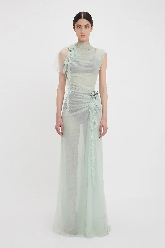 Chic Casual Style Gathered Tulle Detail Floor-Length Dress In Jade