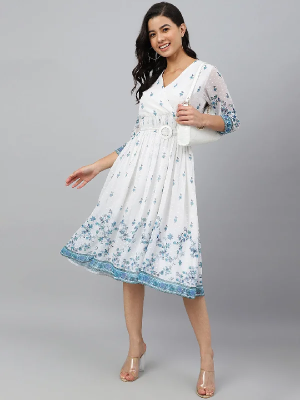 Luxury Fashion White Georgette Digital Print Flared Western Dress