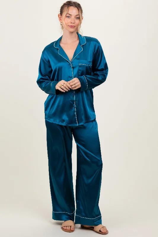 Timeless Women's Clothing Teal Satin Contrast Trim Long Sleeve Pajama Set