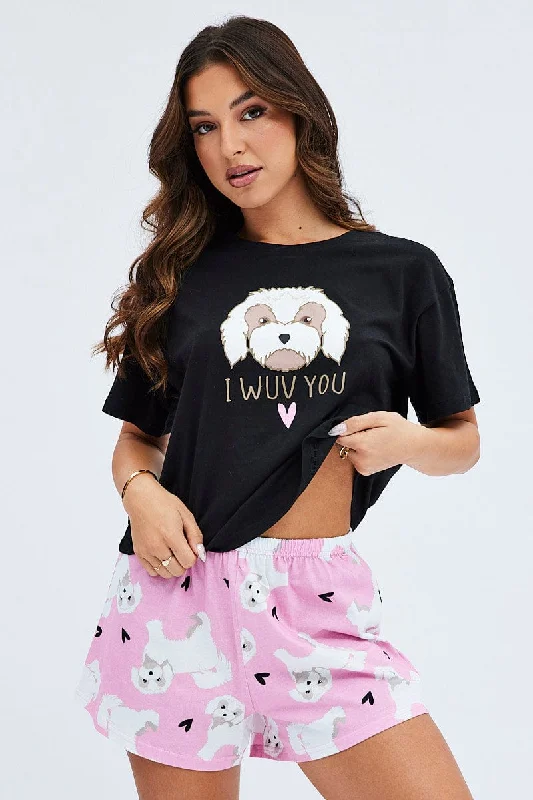 Women's Holiday Apparel Pink Print Graphic Pj Dog and Hearts Pyjama Set