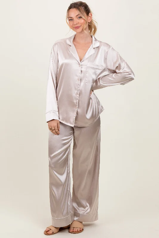 Women's Classic Outfit Cream Satin Contrast Trim Long Sleeve Pajama Set