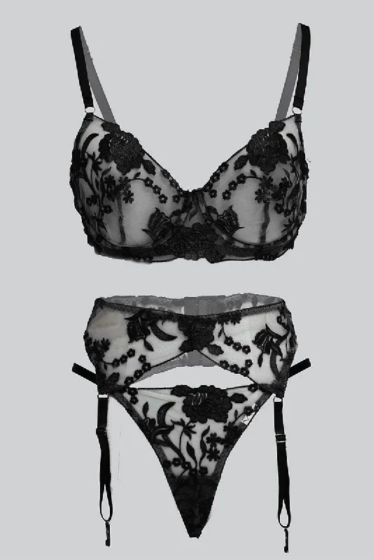 Women's Classic Attire Black Embroidery Lingerie Set