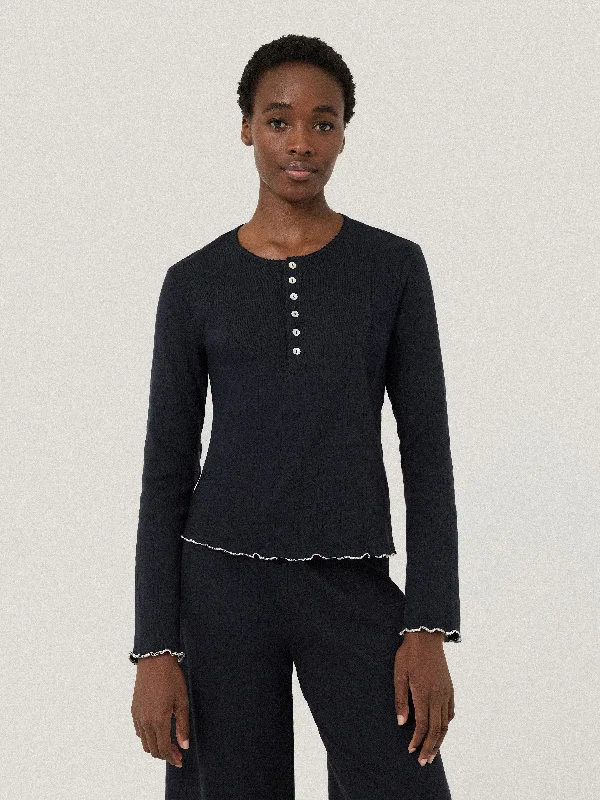 Women's Casual Attire Pointelle Pyjama Henley Top | Navy